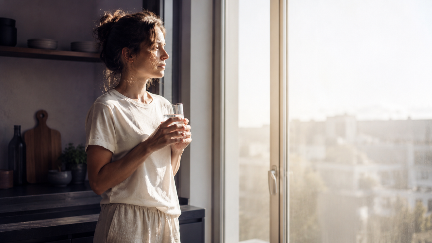 Frau hält Wasserglas am Küchenfenster im Morgenlicht – Calm Ritual statt Bio-Hacking