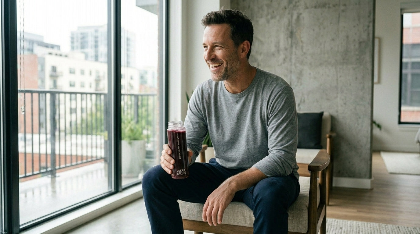 Mann rührt lila PurpleGreens Pulver in Wasserglas – Functional Food als tägliches Ritual