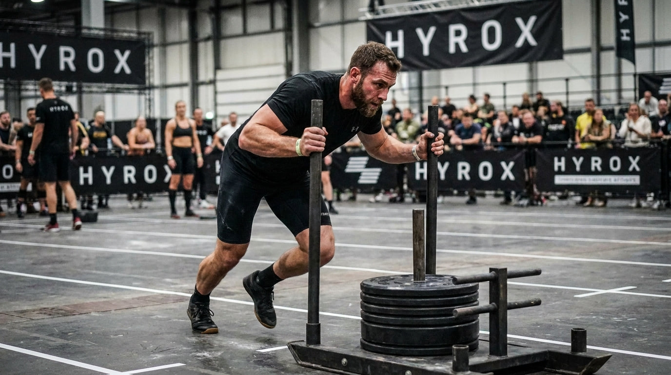 Athletin in Bewegung beim Sled-Push im Gym – Hyrox-Vorbereitung in echtem Trainingsmoment