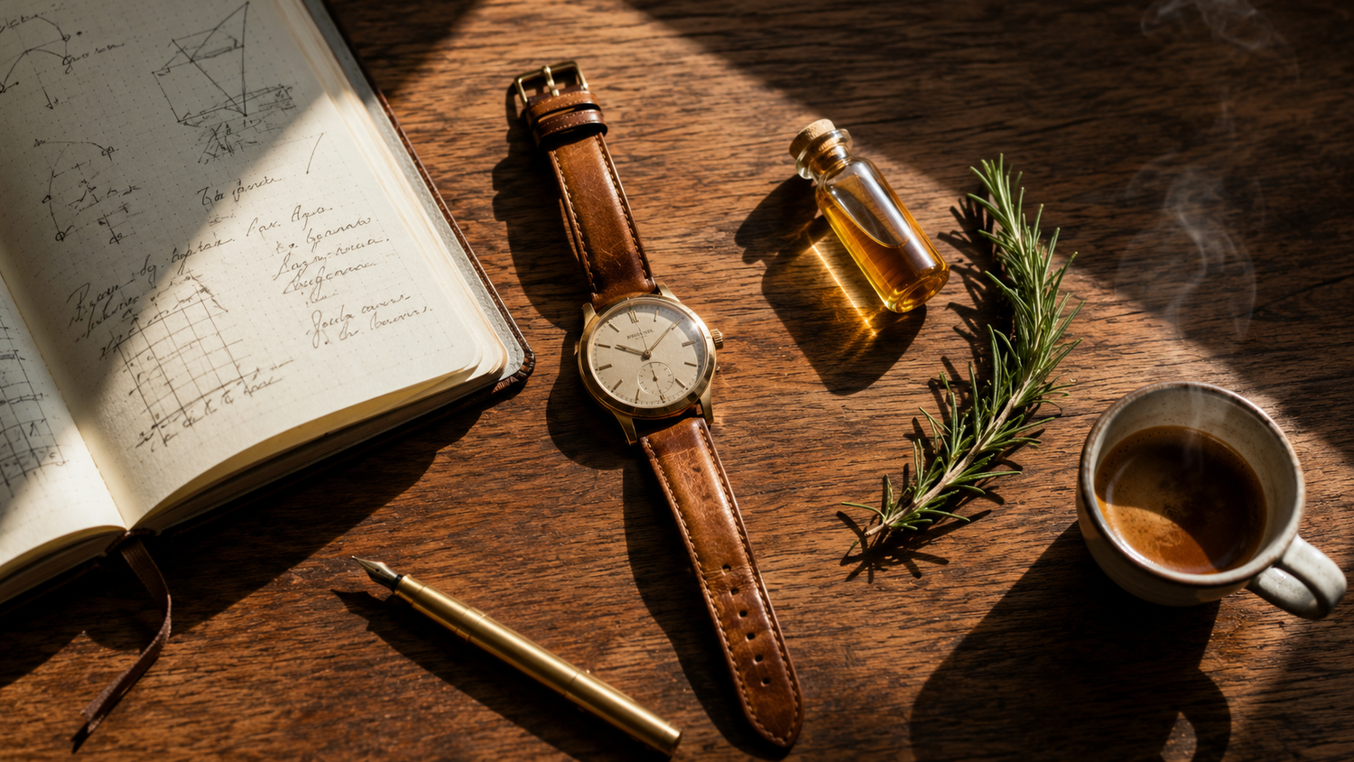 Holzschreibtisch mit Notizbuch, Vintage-Armbanduhr, Füllfeder und Glasfläschchen in dramatischem Seitenlicht