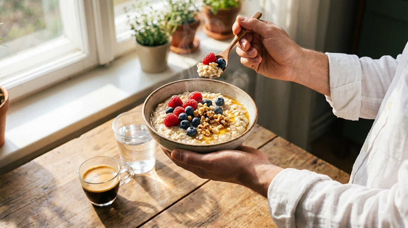 Hände halten Frühstücks-Bowl mit Haferflocken, Beeren und Walnüssen in goldenem Morgenlicht