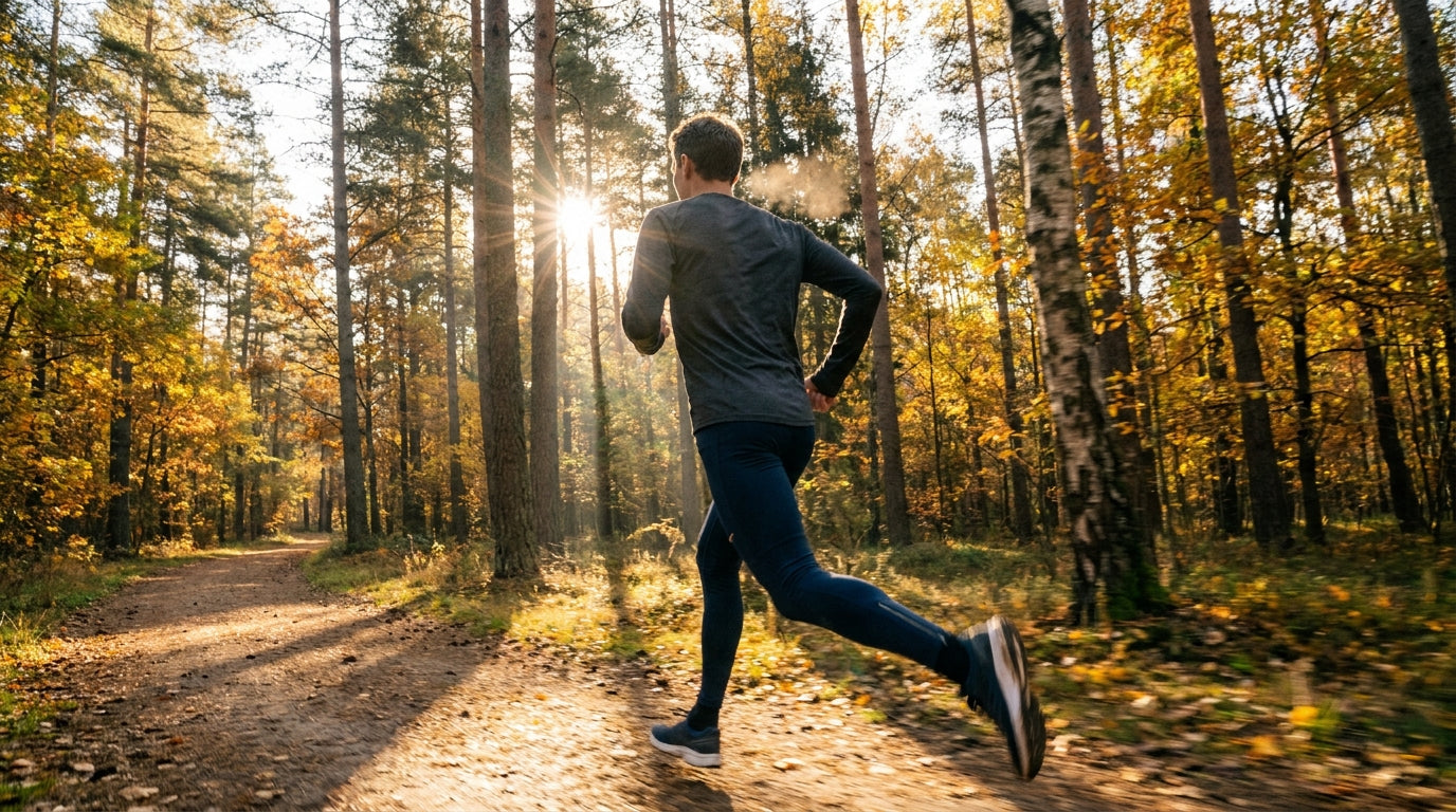 Läufer auf Waldweg im goldenen Stundenlicht mit dramatischen Sonnenstrahlen durch Herbstlaub