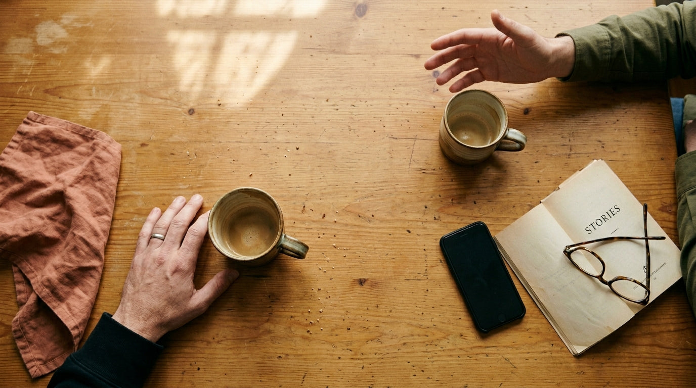 Zwei Kaffeetassen auf warmem Holztisch mit weggelegtem Smartphone im weichen Nachmittagslicht – eine geteilte Stunde unter Freunden