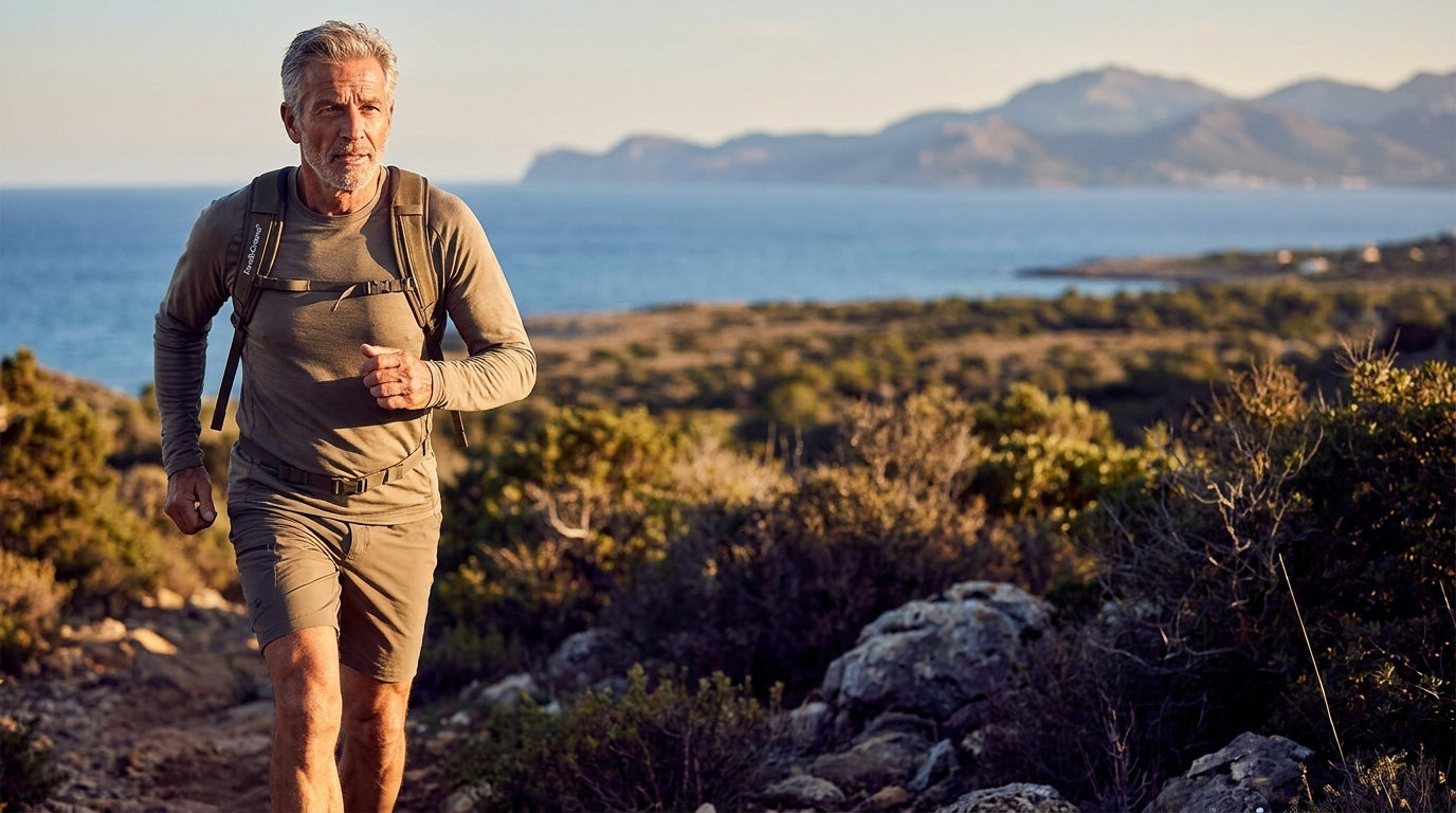 Mann Mitte 60 in voller Bewegung auf einem Bergpfad – Healthspan im echten Leben