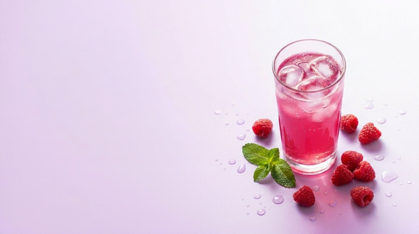 Editorial Flatlay mit Hydration-Drink im Glas, frischen Himbeeren und Minze, daneben PurpleGreens® Sachet – Elektrolyte als sinnvolle Versorgung