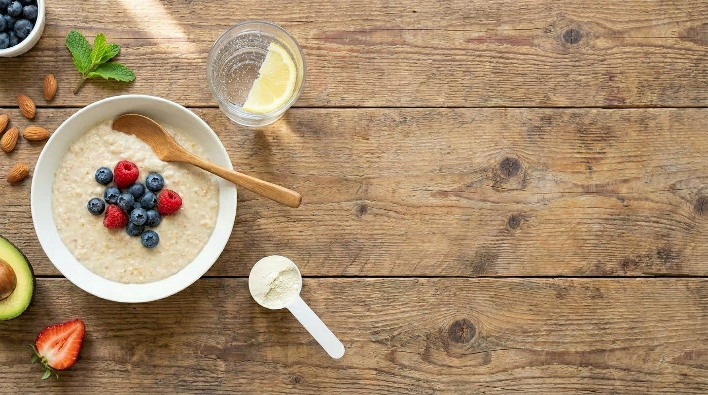 Editorial Flatlay mit Protein-Smoothie-Bowl, frischen Beeren, Mandeln und PurpleGreens® Sachet – sinnvolles Protein-Frühstück, nicht Pflicht-Übung