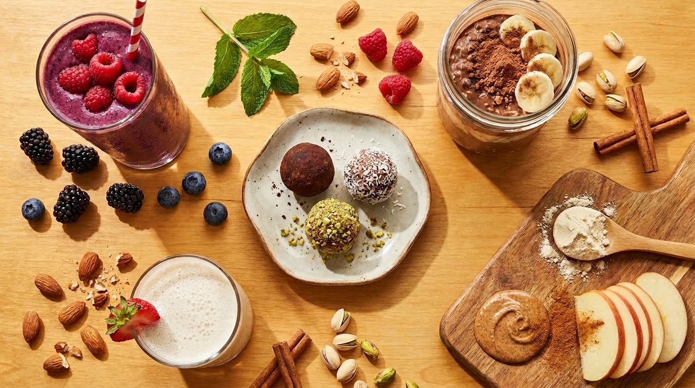 Vibrant Grid-Komposition mit Protein-Smoothies, Energy Balls, Apfel-Dip und Chia-Pudding auf warmem Holztisch – sechs PurpleGreens® Protein-Snacks