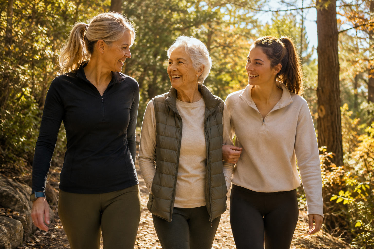 Drei Generationen einer Familie wandern gemeinsam auf einem sonnigen Waldweg