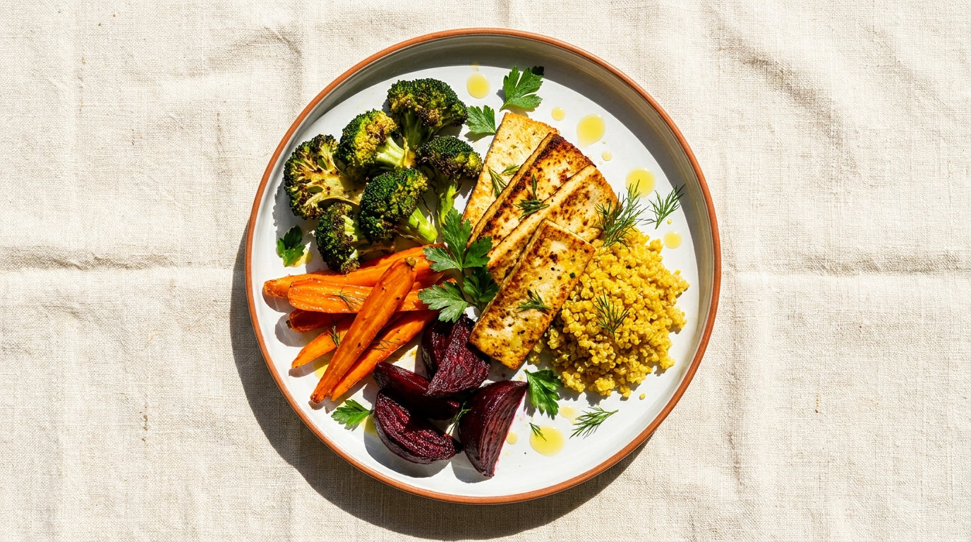 Bunter Teller mit karamellisiertem Brokkoli, Karotten, Roter Bete, gegrilltem Protein und Quinoa von oben