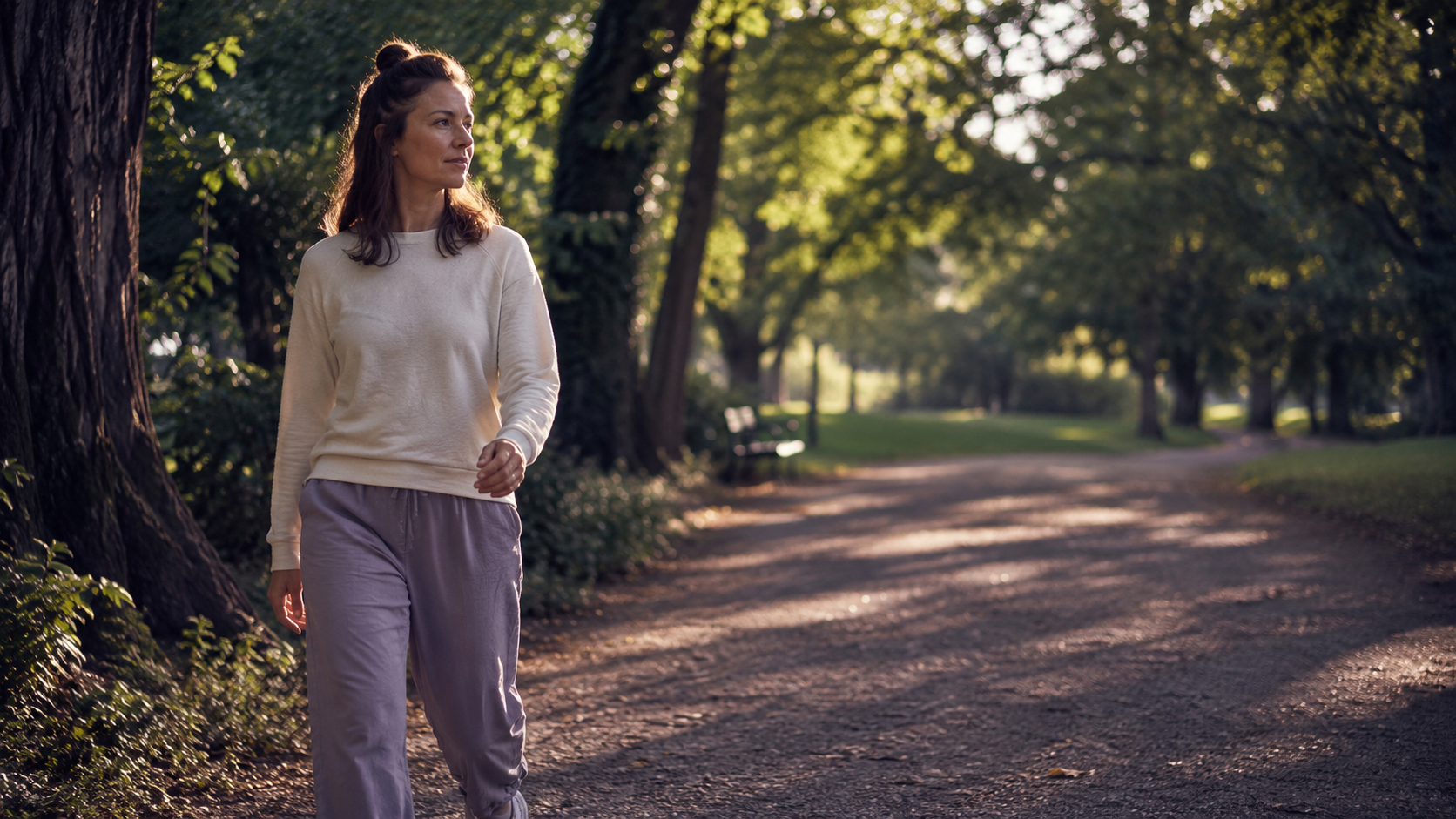 Frau mittleren Alters in bewusstem Atem auf baumbestandenem Parkweg im Abendlicht – Walking Yoga als alltägliche Praxis